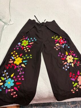 Black Wide-Leg Pants with Vibrant Floral Embroidery